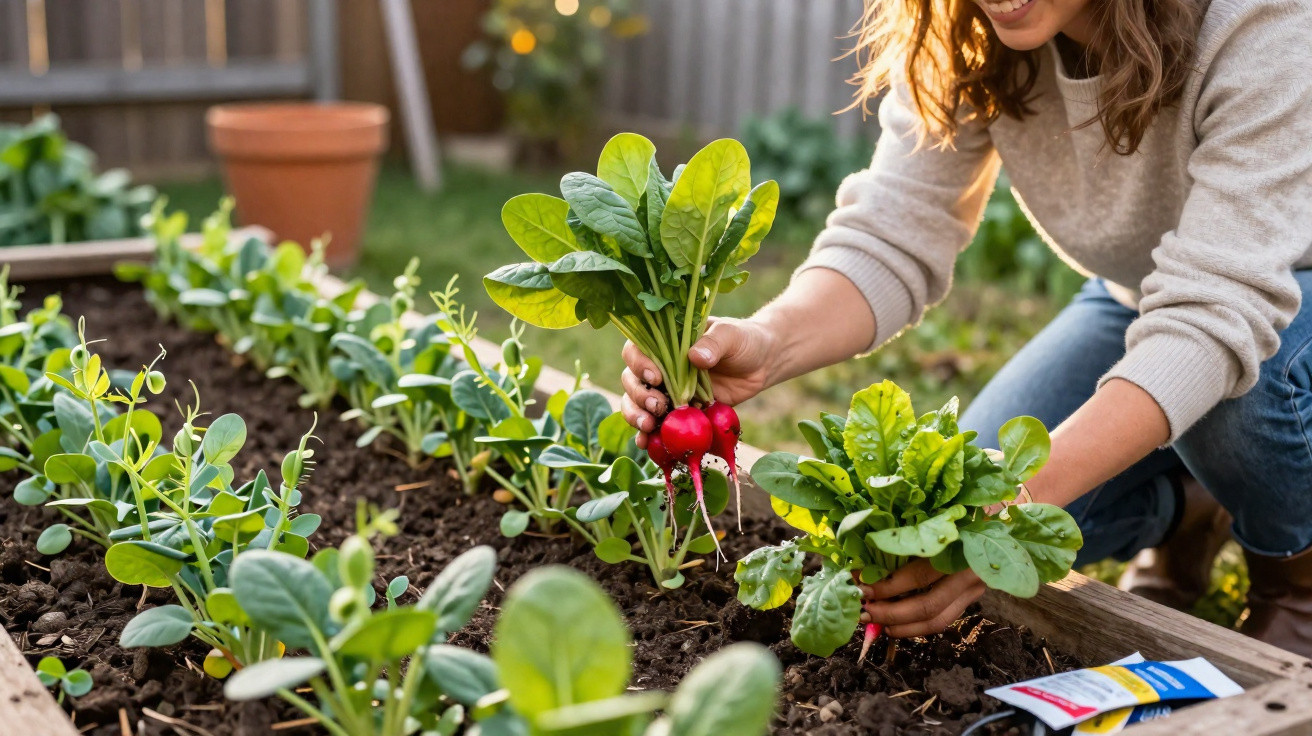 Frau erntet frische Radieschen in einem Hochbeet im Garten bei sonnigem Wetter.