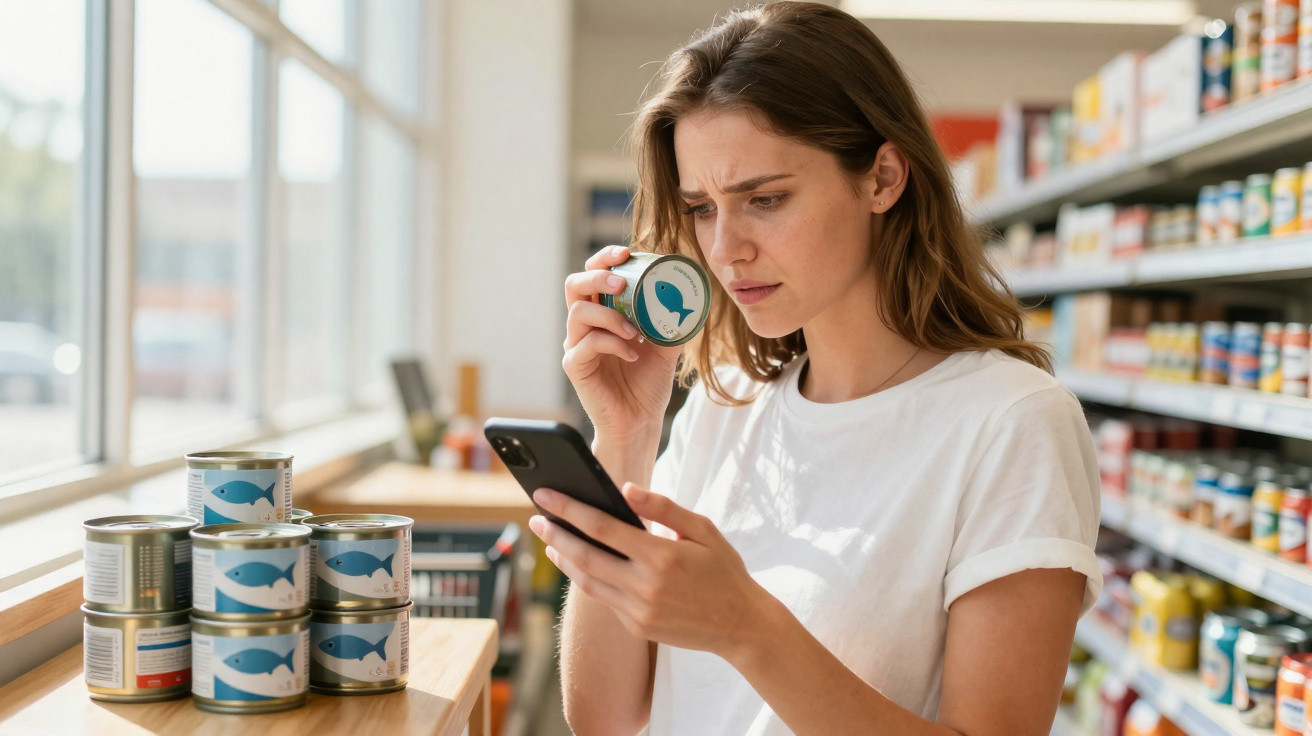 Junge Frau vergleicht im Supermarkt eine Dose Thunfisch mit Informationen auf ihrem Smartphone.