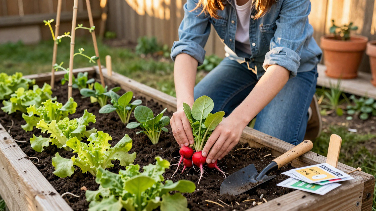 Person erntet frische Radieschen im Hochbeet im Garten, neben Gartenschaufel und Saatgutpäckchen.