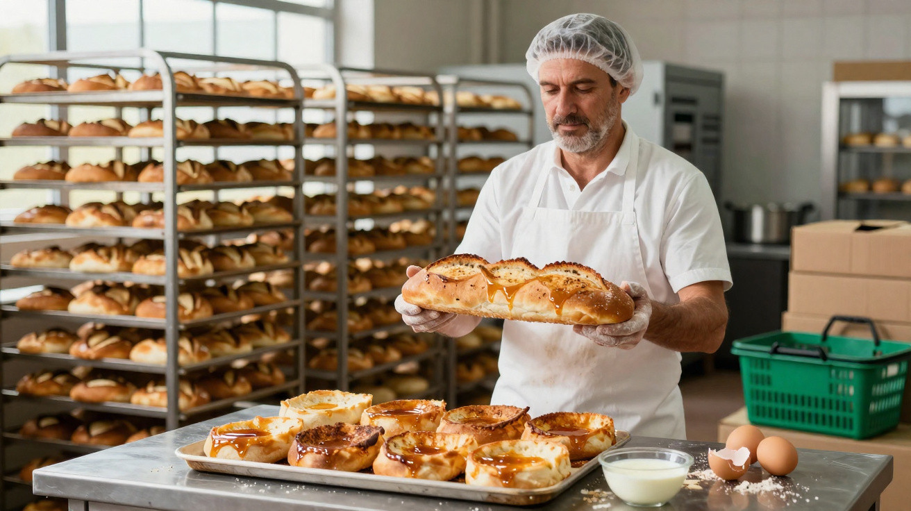 Ein Bäcker mit Haarnetz hält frisch gebackenes Brot in einer Bäckerei mit Backblechen und Regalen voller Gebäck.