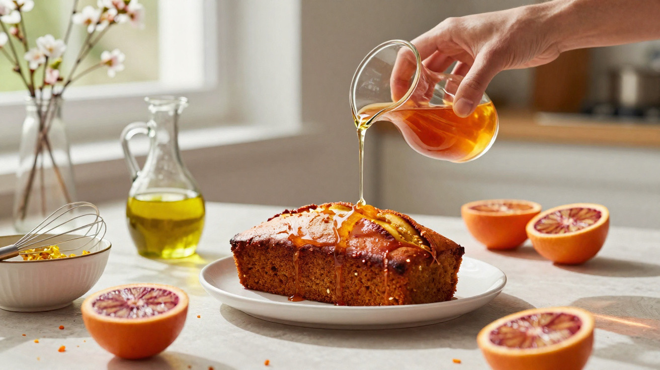 Honigsirup wird auf einen frisch gebackenen Kuchen auf einem weißen Teller gegossen, umgeben von Blutorangenhälften.