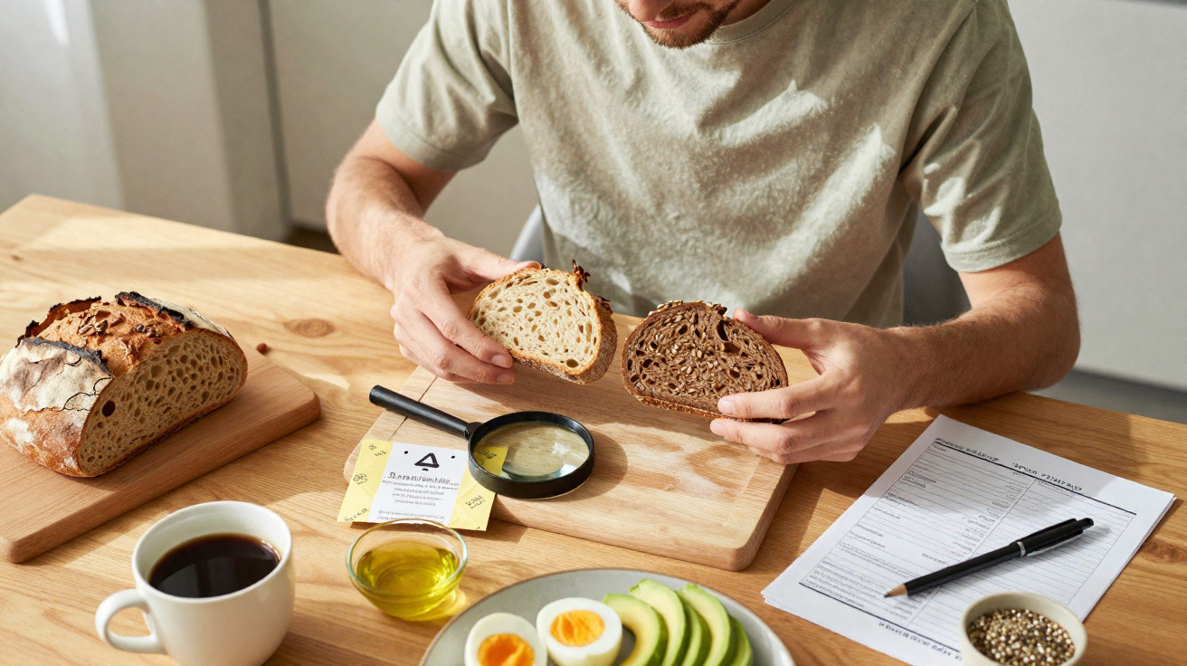Mann vergleicht zwei Brotscheiben am Tisch mit Kaffee, Eiern, Avocado, Lupe und Dokument.