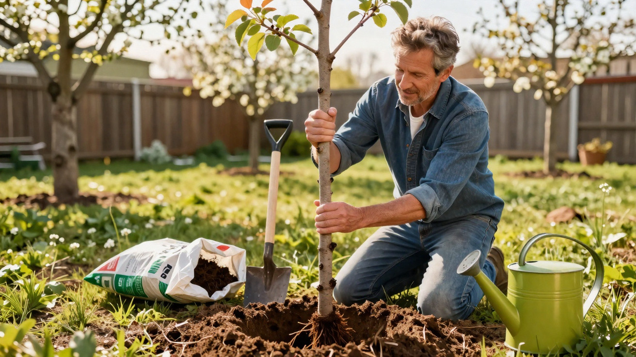 Mann pflanzt jungen Baum im Garten, umgeben von Erde, Gießkanne und Gartengeräten bei sonnigem Wetter.