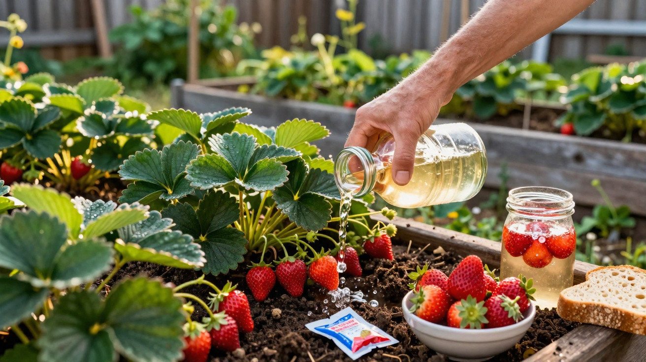 Hand gießt Wasser auf reife Erdbeeren in Hochbeet, daneben Glas mit Erdbeeren und Brotstück.
