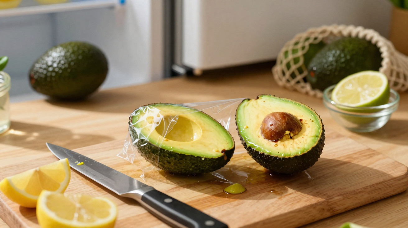 Halbierte Avocado auf Holzbrett mit Messer, Zitronenspalten und Küchenhintergrund.