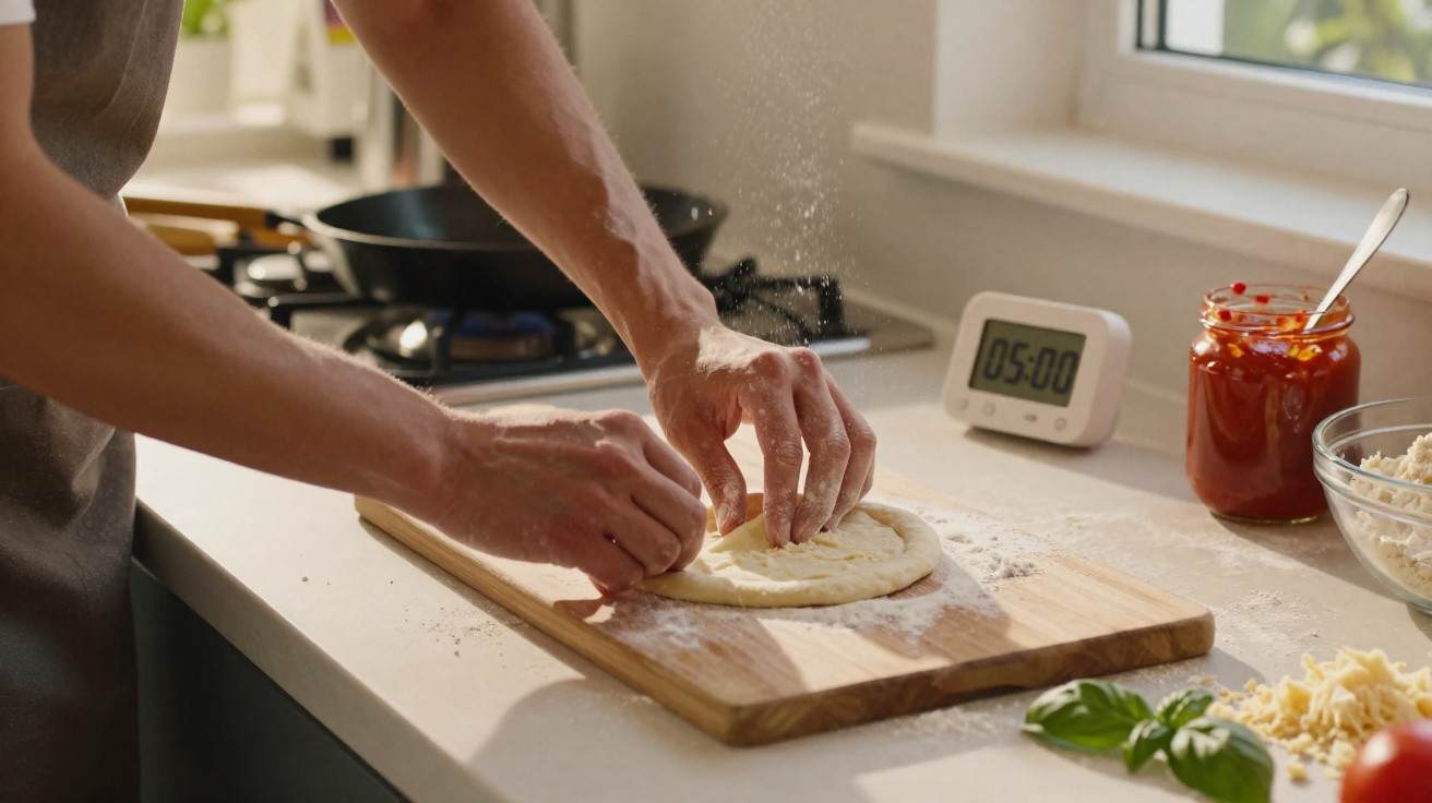Person formt Pizzateig auf einem Schneidebrett in heller Küche mit Tomatensauce und Käse im Hintergrund.