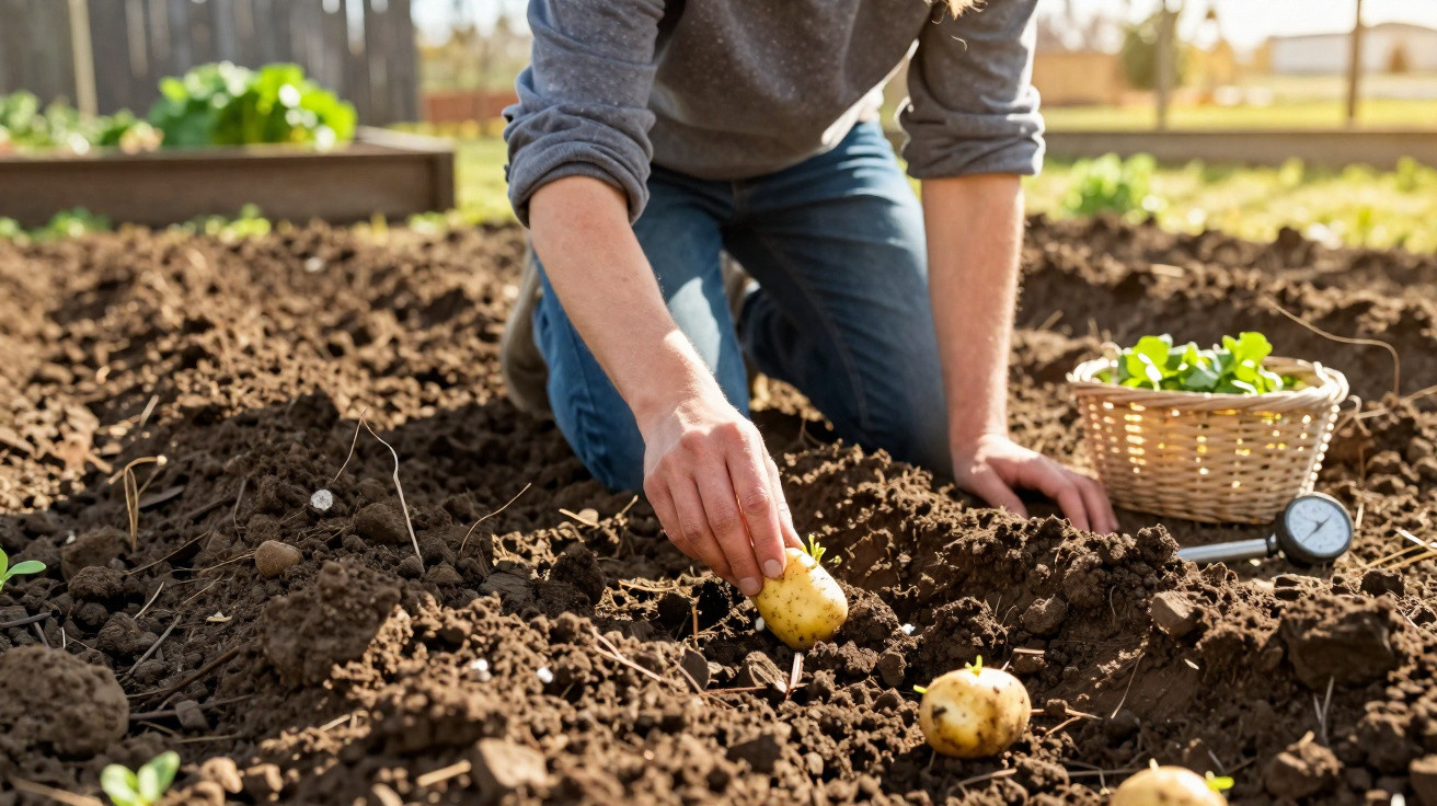 Person kniet im Garten und pflanzt Kartoffeln in lockere Erde mit einem Korb und Gartenuhr nebenan.
