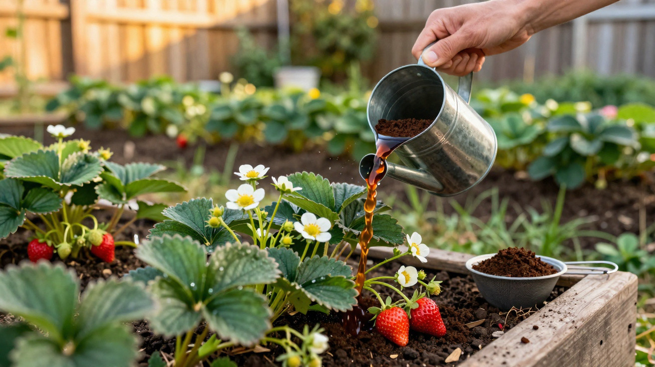 Hand gießt gebrühten Kaffee als Dünger auf Erdbeerpflanzen in Hochbeet im Garten.