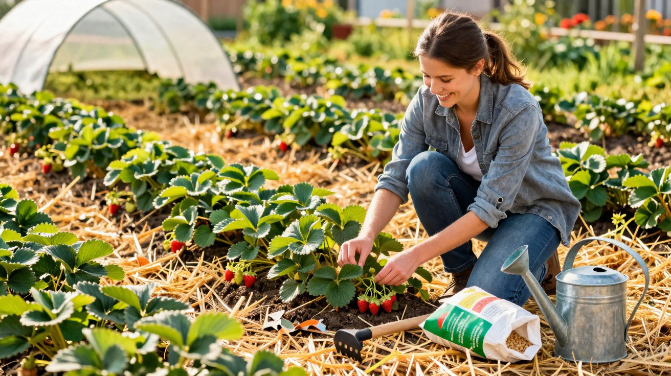 Frau pflückt reife Erdbeeren in einem sonnigen Garten mit Gießkanne und Dünger neben ihr.