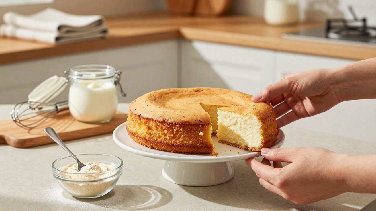 Hände nehmen ein Stück vom saftigen, goldbraunen Käsekuchen auf einer Kuchentafel in moderner Küche.