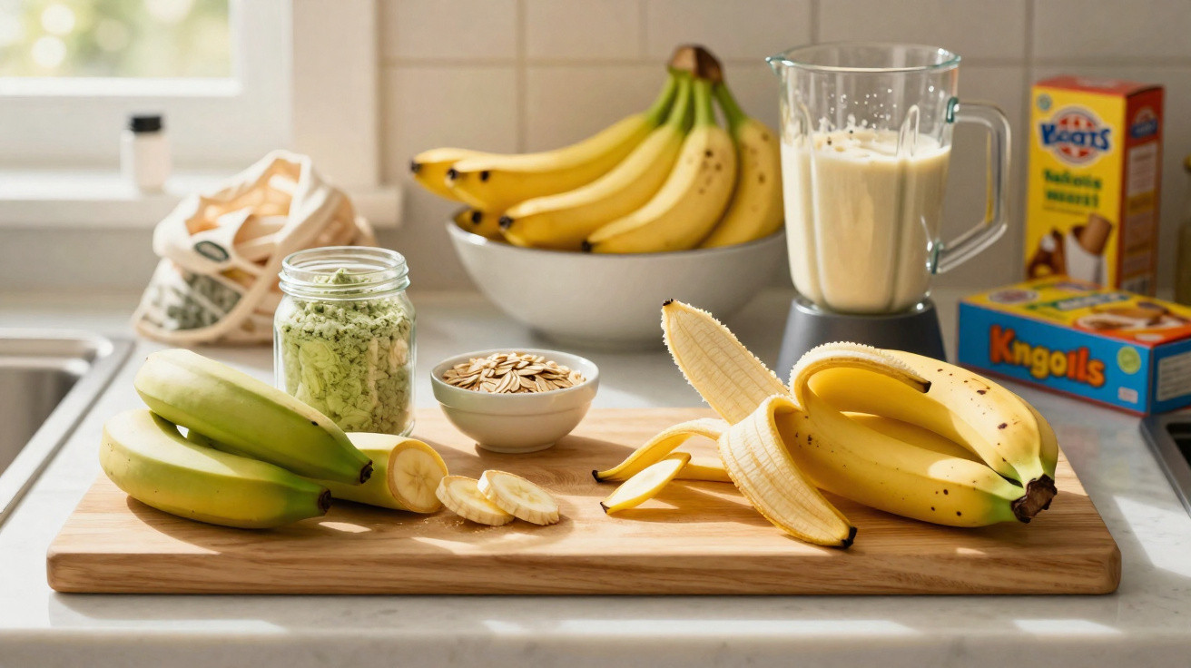 Küchenarbeitsplatte mit Bananen, Haferflocken, grünem Pulver, Mixer mit Banane-Smoothie und Cornflakespackungen.