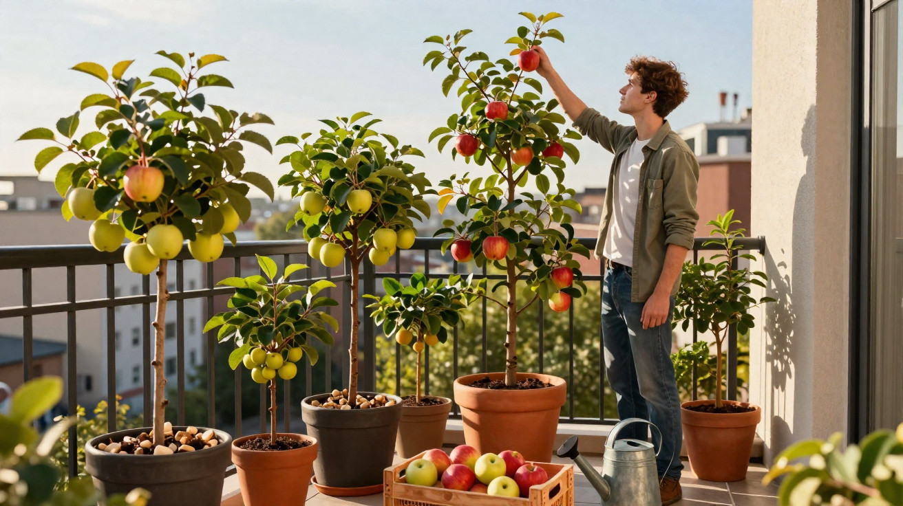 Mann pflückt reife Äpfel von einem Apfelbaum auf dem Balkon mit mehreren Apfelbäumen in Töpfen.