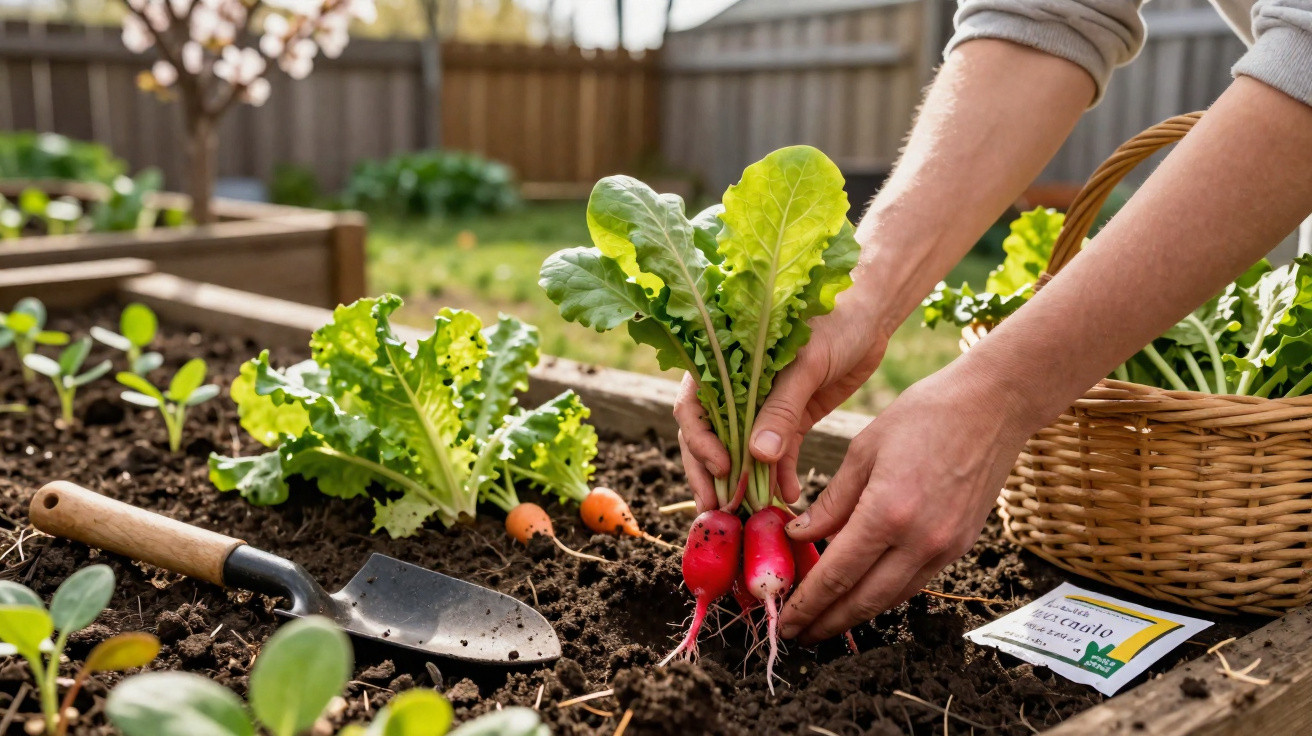 Person erntet frische Radieschen aus einem Hochbeet im Garten, neben Gartenschaufel und Saatgutpacket.