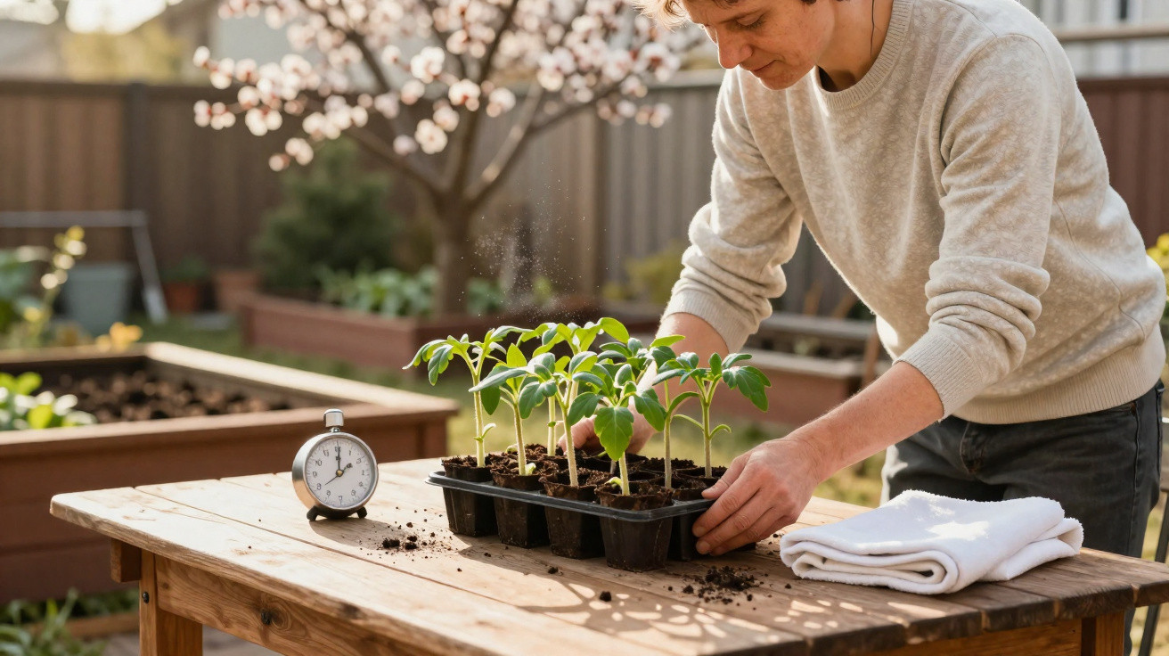 Mann pflegt junge Pflanzen in kleinen Töpfen auf Gartentisch, angrenzender Garten mit blühendem Baum sichtbar.