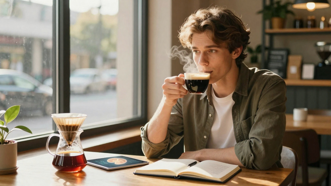 Junger Mann trinkt dampfenden Kaffee, sitzt am Tisch mit Buch und Tablet in gemütlichem Café bei Tageslicht.