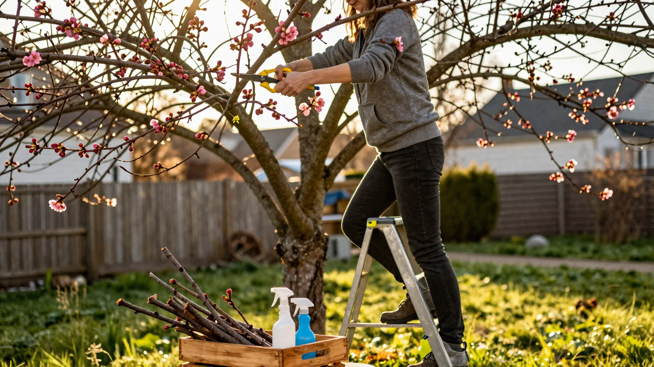 Frau auf Leiter schneidet blühenden Obstbaum in sonnigem Garten mit Pflanzensprühflaschen und Astkorb.