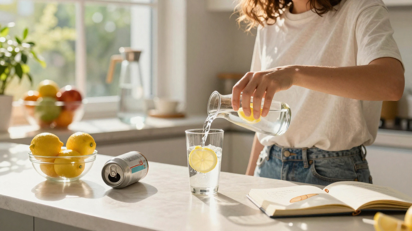 Person gießt Wasser mit Zitronenscheibe in ein Glas, Küchenzeile mit Schale Zitronen und Buch im Hintergrund.