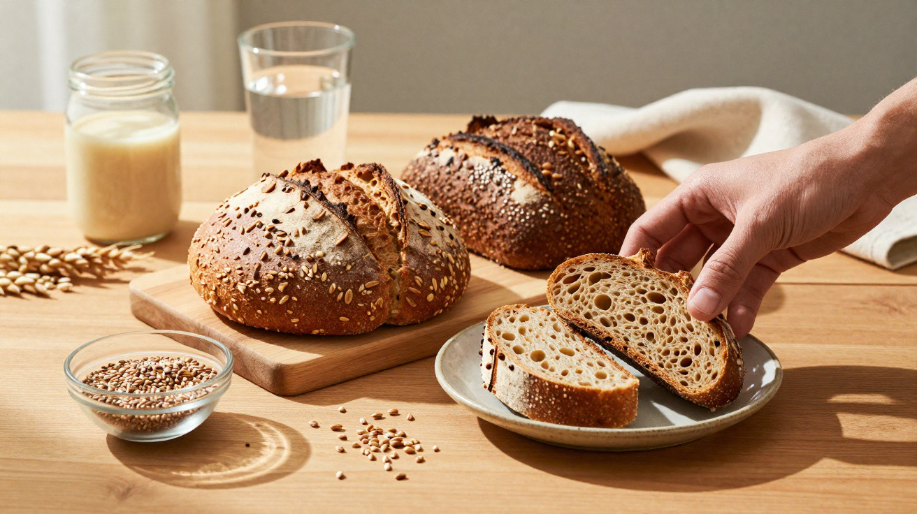 Hand nimmt Scheibe von frisch gebackenem, körnigem Vollkornbrot auf Teller mit Glas Milch und Wasser im Hintergrund.