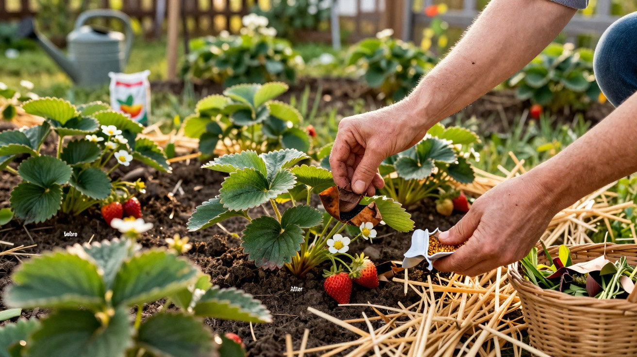 Hände pflegen Erdbeerpflanzen im Garten, Erde wird gelockert und Blätter entfernt.