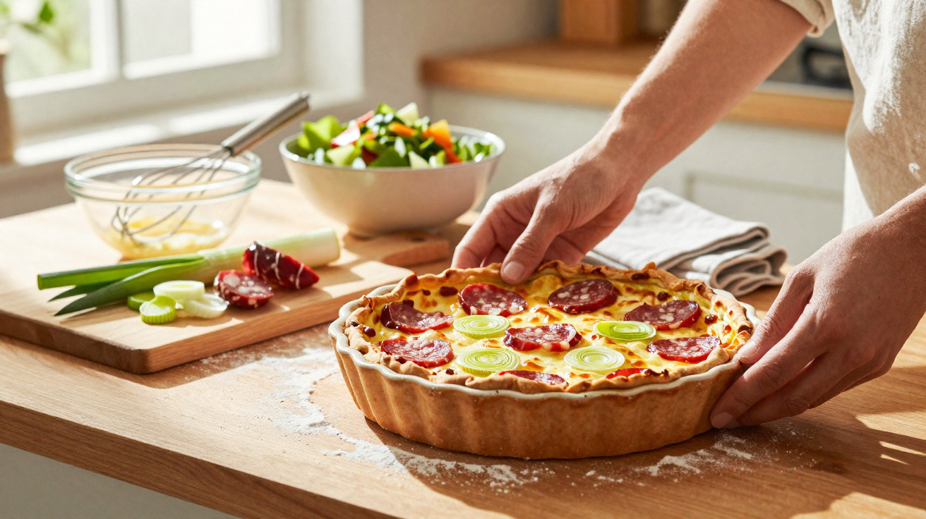 Person stellt eine herzhafte Wurst-Käse-Quiche mit Lauchzwiebeln in einer hellen Küche auf den Holztisch.