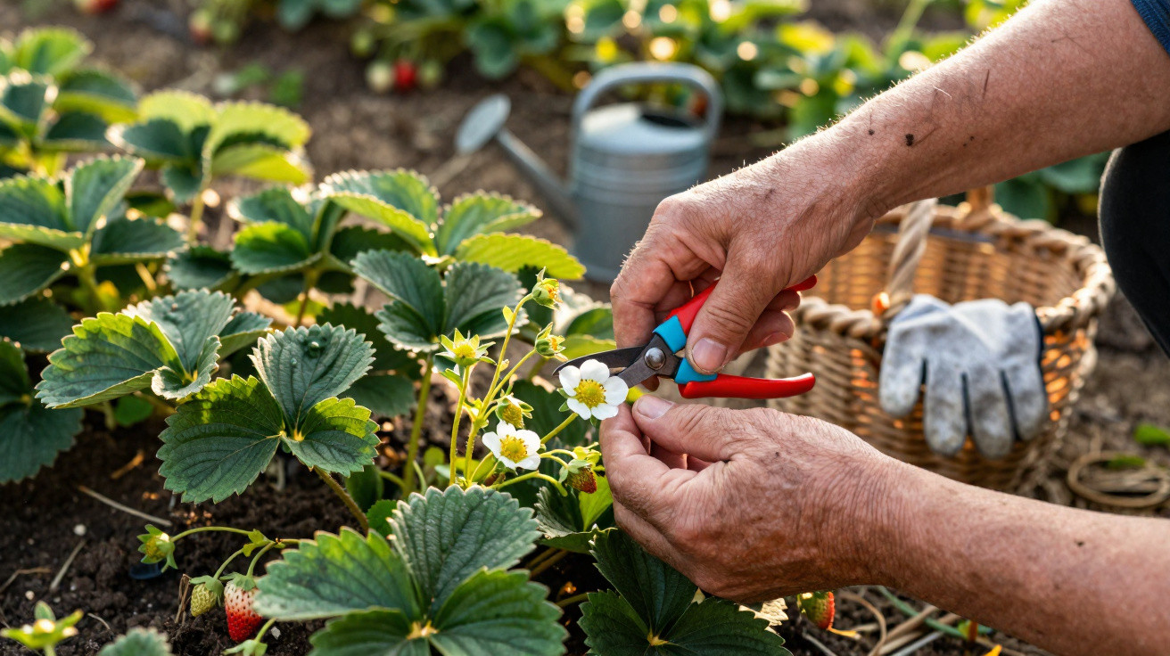 Hände schneiden Blüte einer Erdbeerpflanze im Beet, im Hintergrund Gießkanne und Gartengerätekorb.