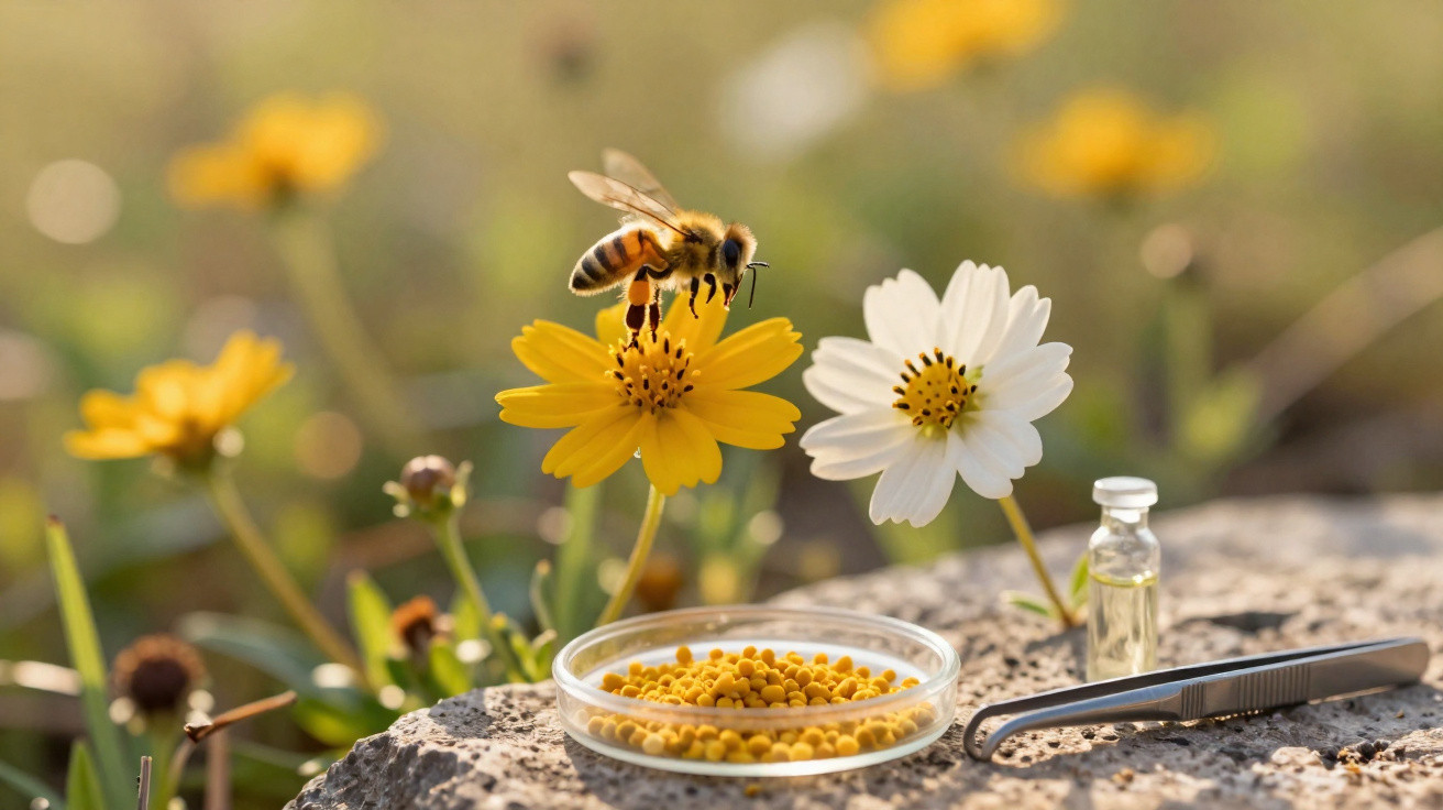 Biene fliegt über gelbe Blume, daneben weiße Blume, Glasgefäß mit Pollen und Pinzette auf Stein.