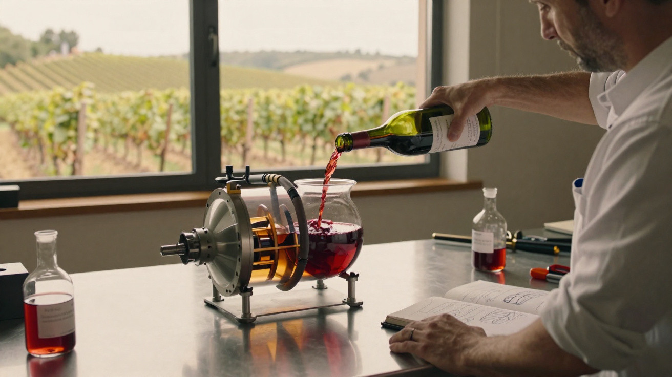 Mann füllt Rotwein in ein Glasgefäß neben einem wissenschaftlichen Messgerät in einem Labor mit Blick auf Weinreben.