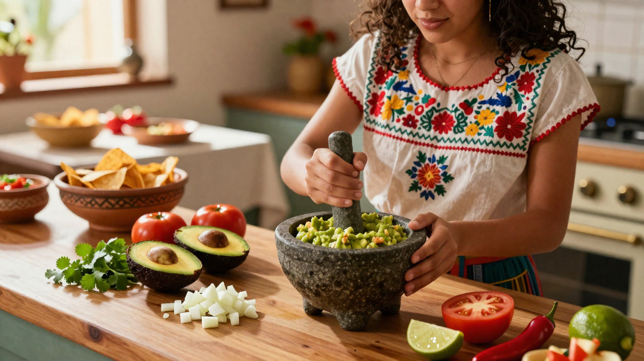 Frau bereitet in der Küche frische Guacamole mit Avocado, Tomaten, Chili und Limette zu.