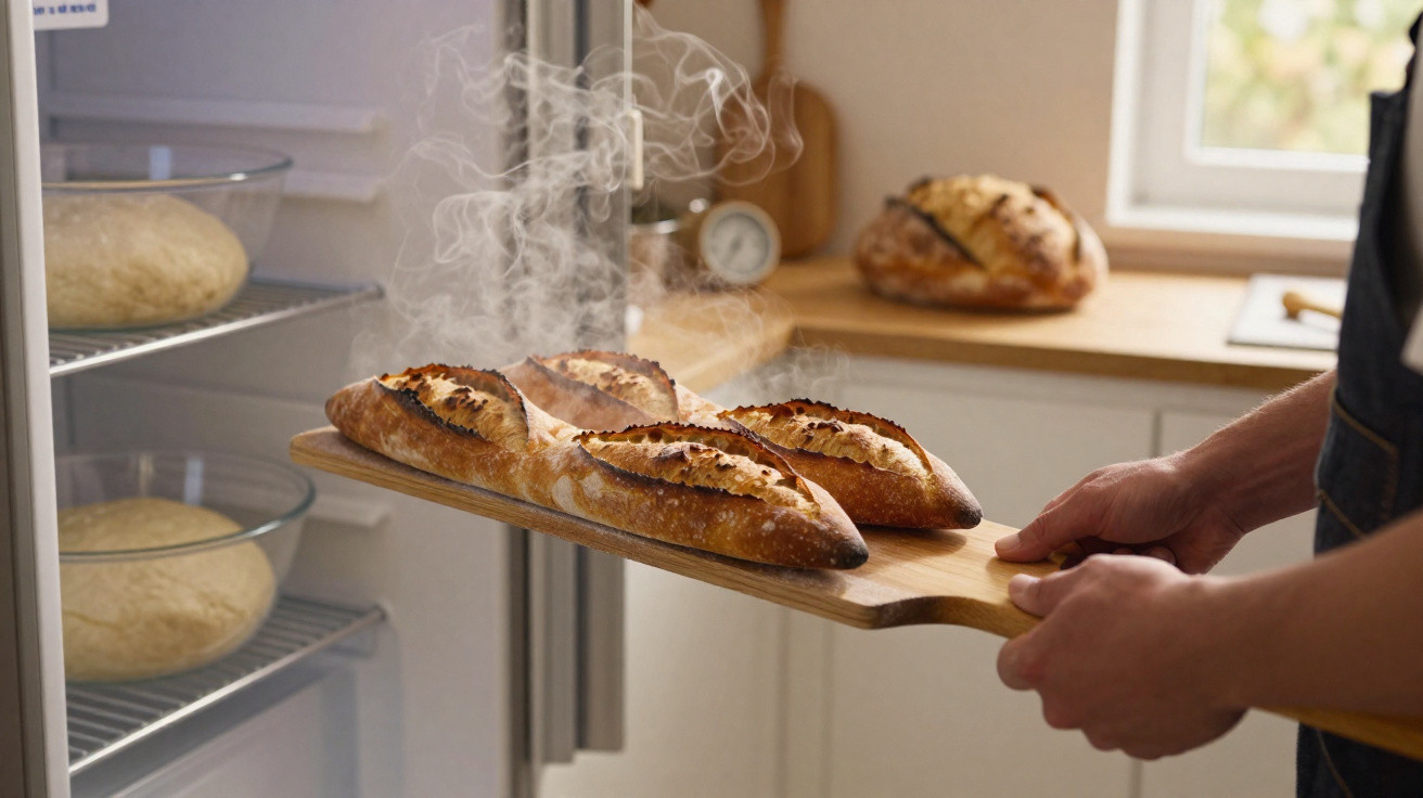 Frisch gebackene dampfende Baguettes werden auf einem Holzbrett aus dem Kühlschrank genommen.