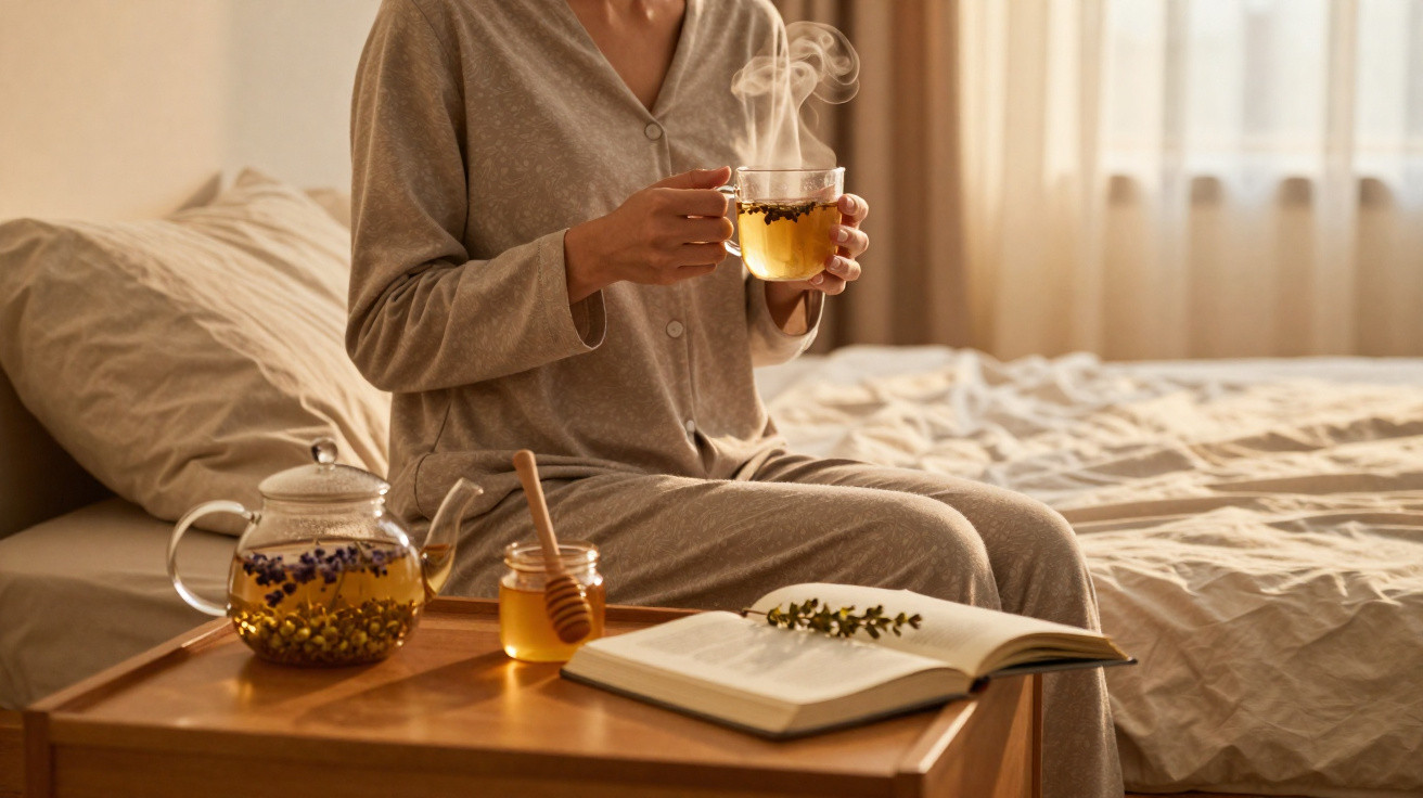 Person in gemütlichem Pyjama trinkt dampfenden Tee am Bett, davor ein Buch, Honig und Teekanne auf Holztablett.