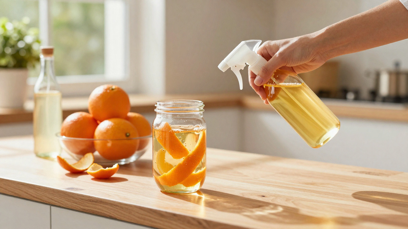 Hand sprüht selbstgemachtes Orangenreiniger-Konzentrat in Glas mit Orangenschalen auf Holztisch in Küche.