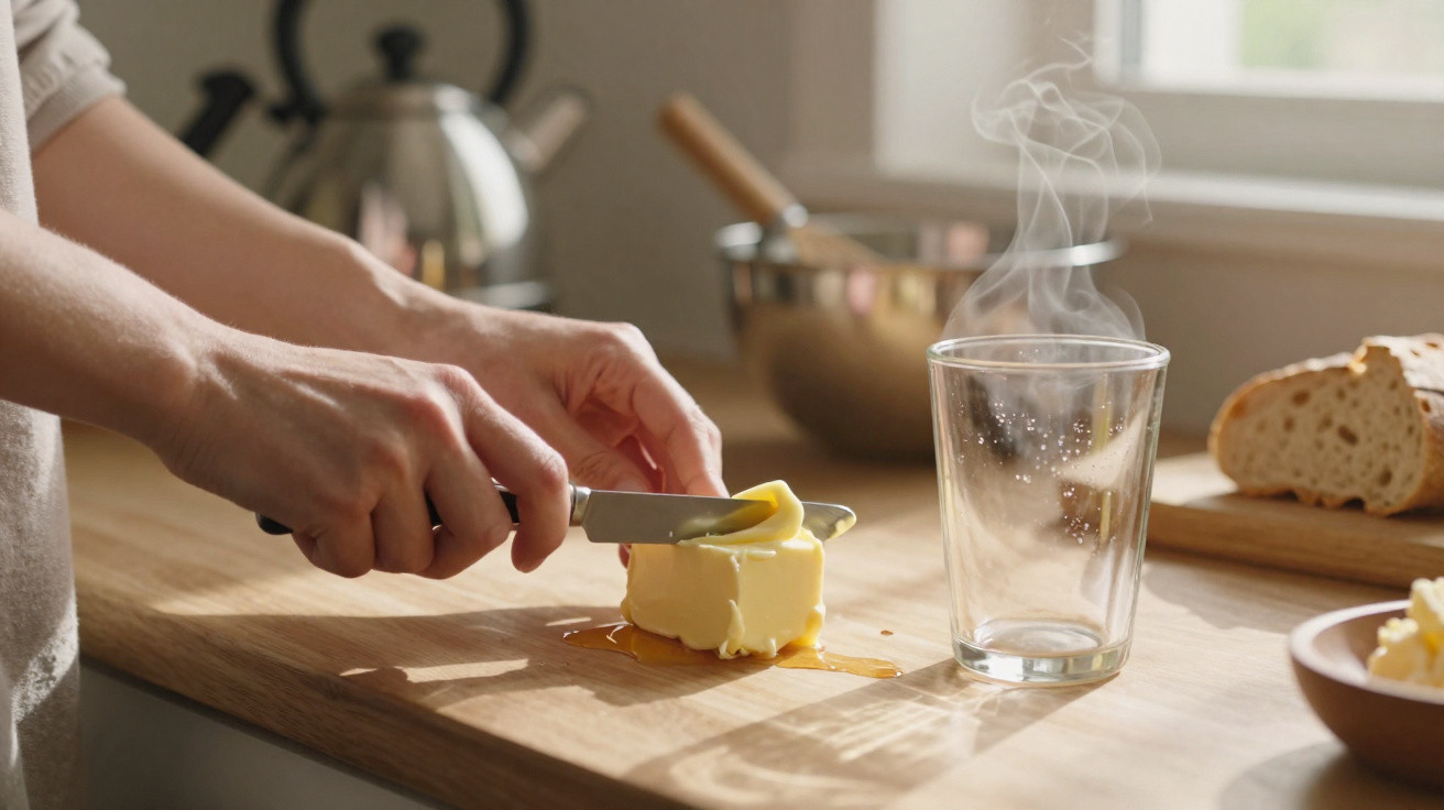 Person schneidet Butter auf einem Holzbrett neben heißem Glas und Brot in heller Küche.