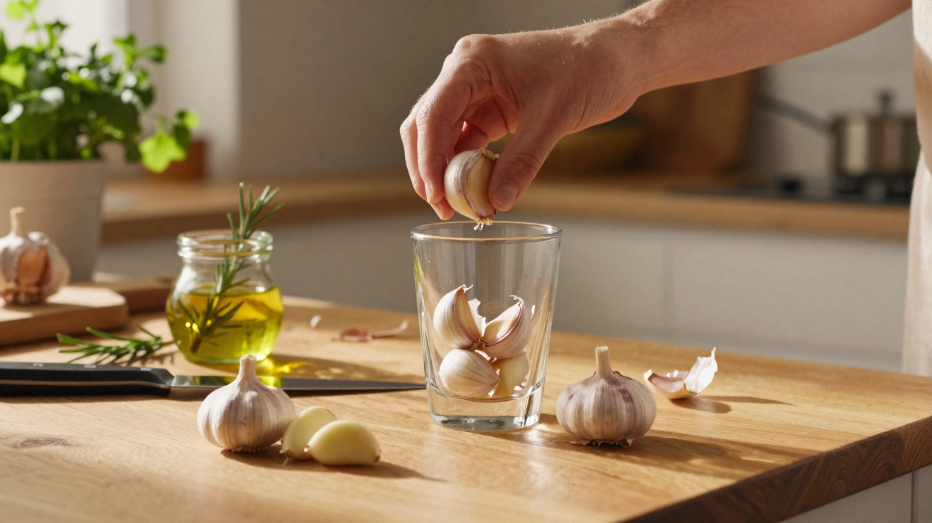 Hand legt Knoblauchzehe in ein Glas auf einem Holztisch in einer hellen Küche.