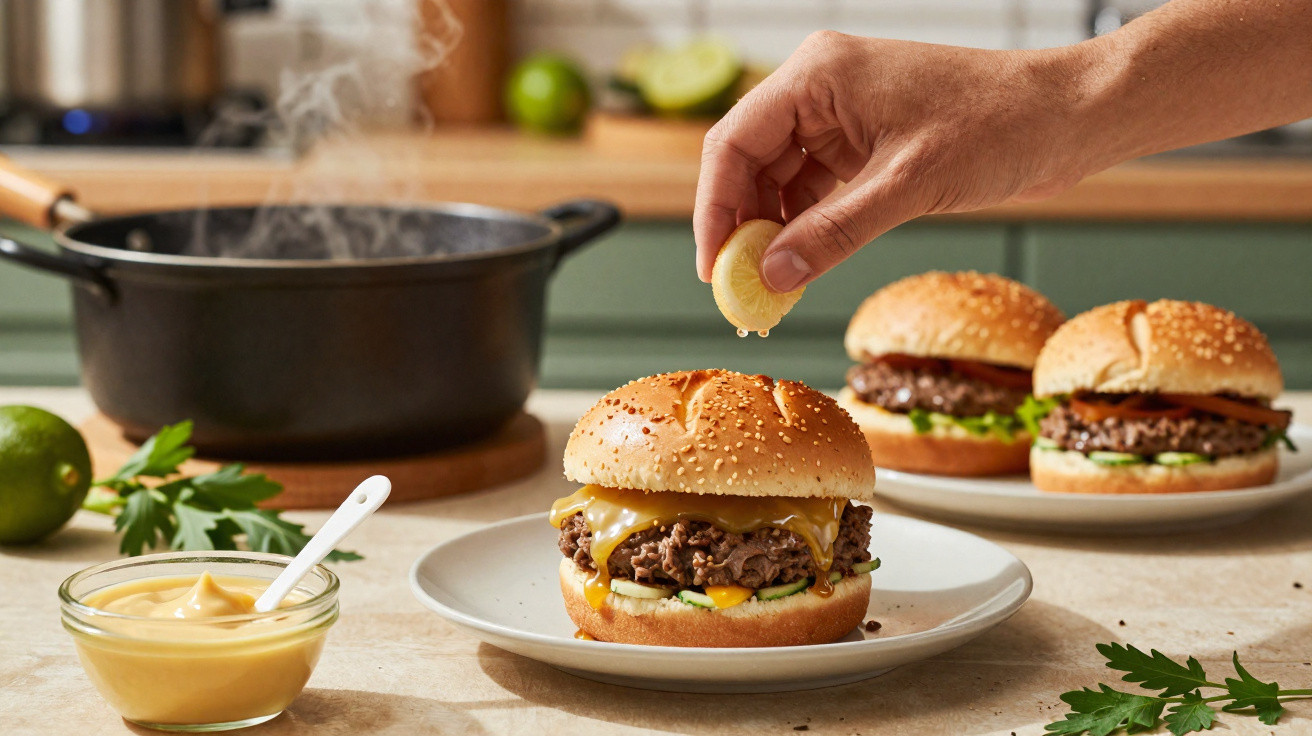 Hand presst Zitronenscheibe über Cheeseburger mit Sesambrötchen auf Teller, dampfender Kochtopf im Hintergrund.