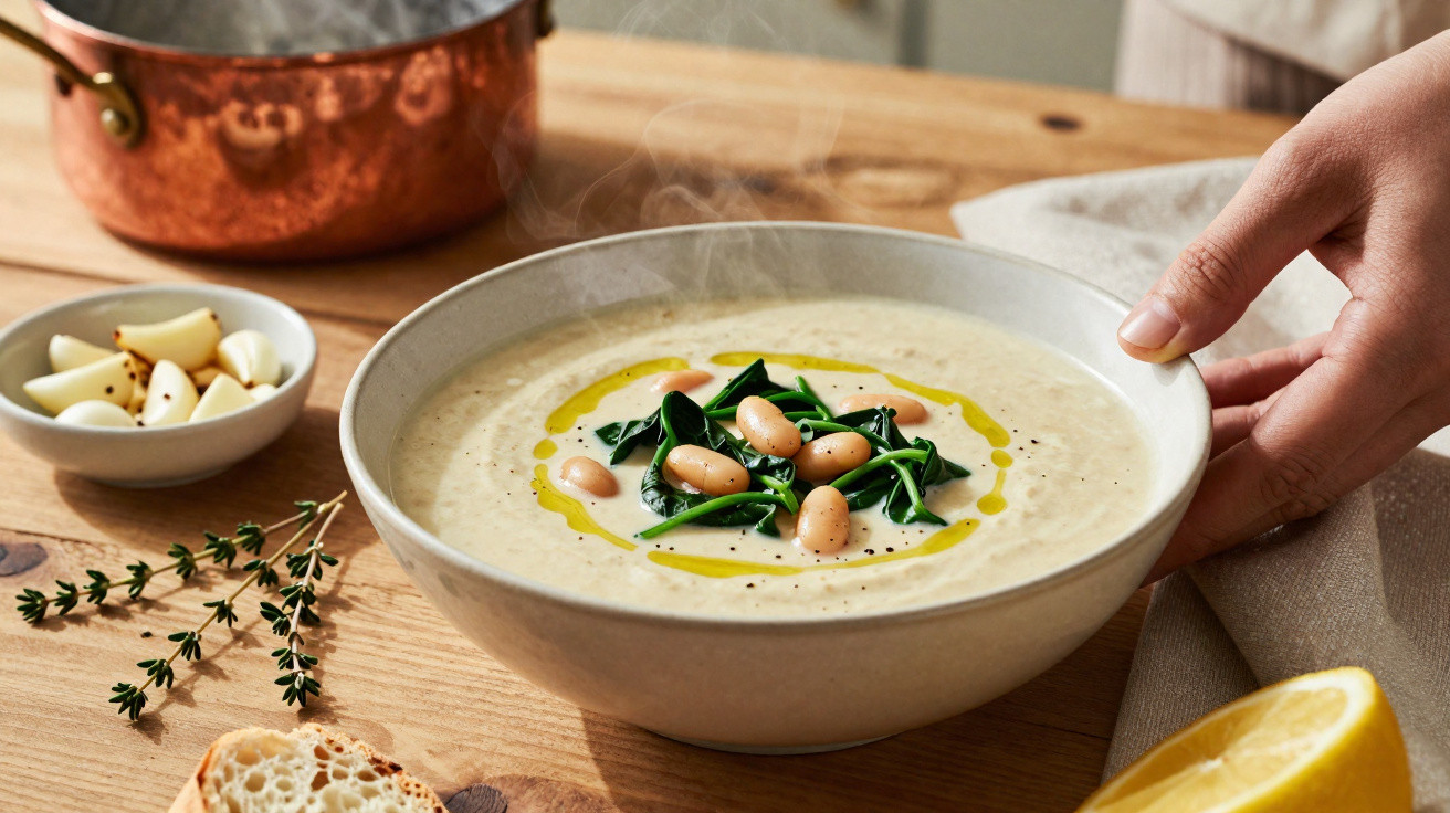 Dampfende Cremesuppe mit Bohnen und Spinat, umgeben von Knoblauch, Kräutern und Zitronenschnitz auf Holztisch.