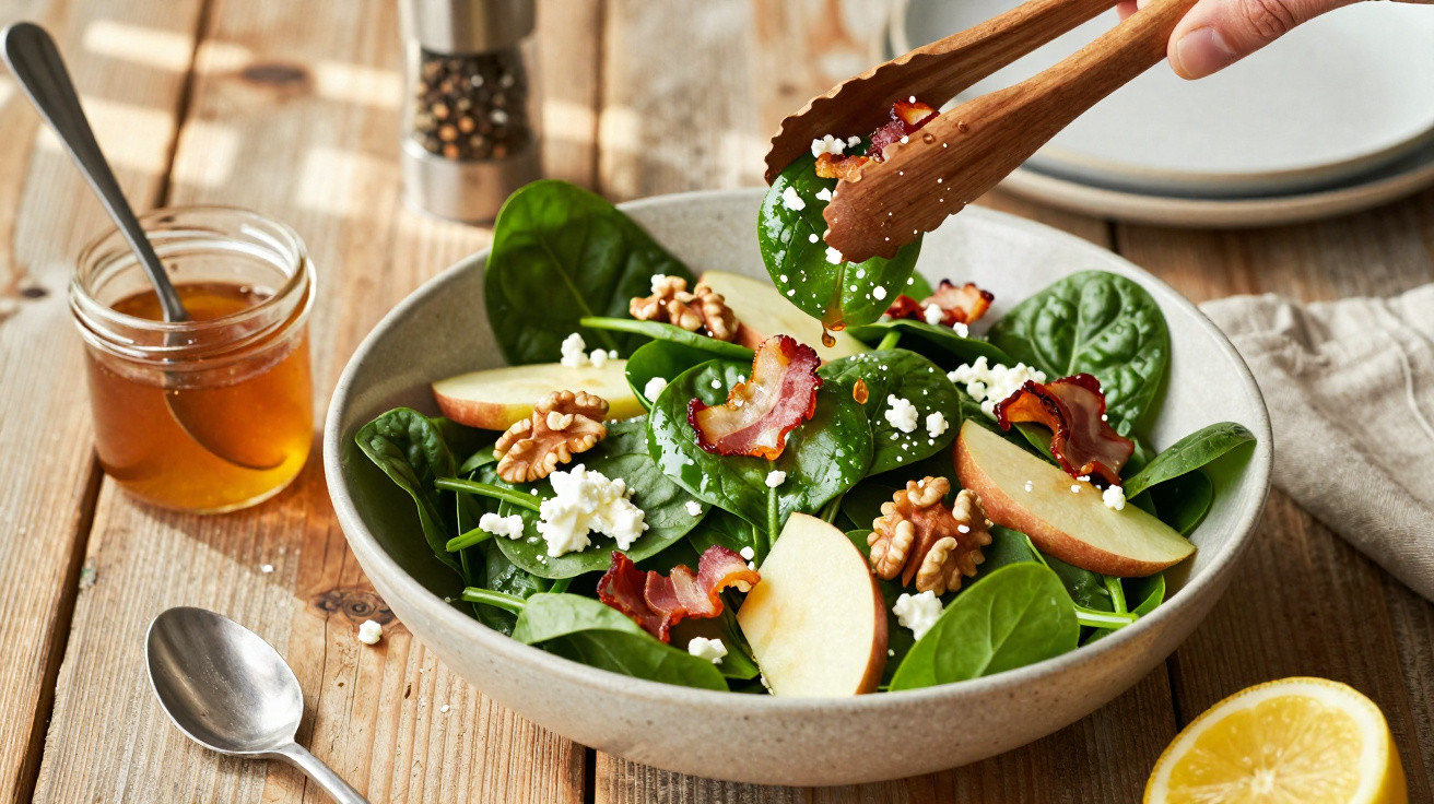 Frischer Spinatsalat mit Apfelscheiben, Walnüssen, Speck, Hüttenkäse und Honig auf Holzuntergrund.