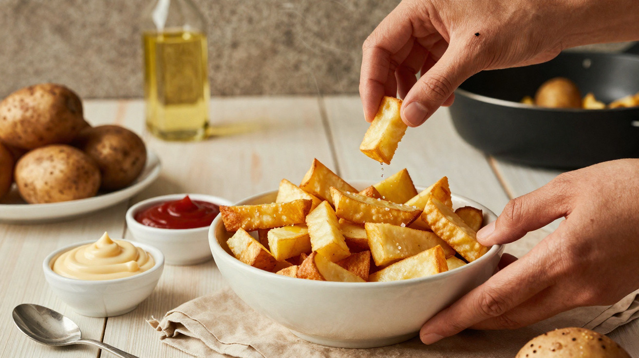 Eine Hand nimmt eine Pommes aus einer Schüssel mit Salz, daneben Ketchup, Mayo, Kartoffeln und Ölflasche.