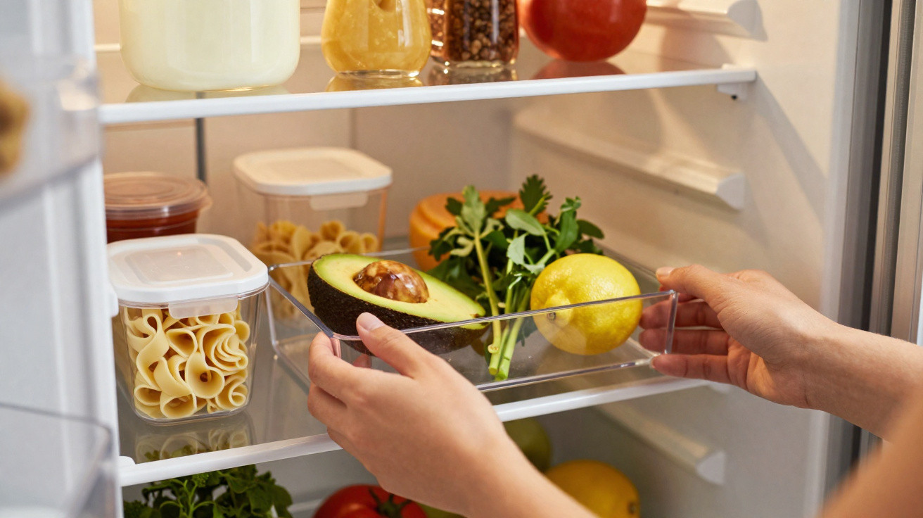 Person stellt eine transparente Schublade mit Avocado, Zitrone und Kräutern in einen Kühlschrank.