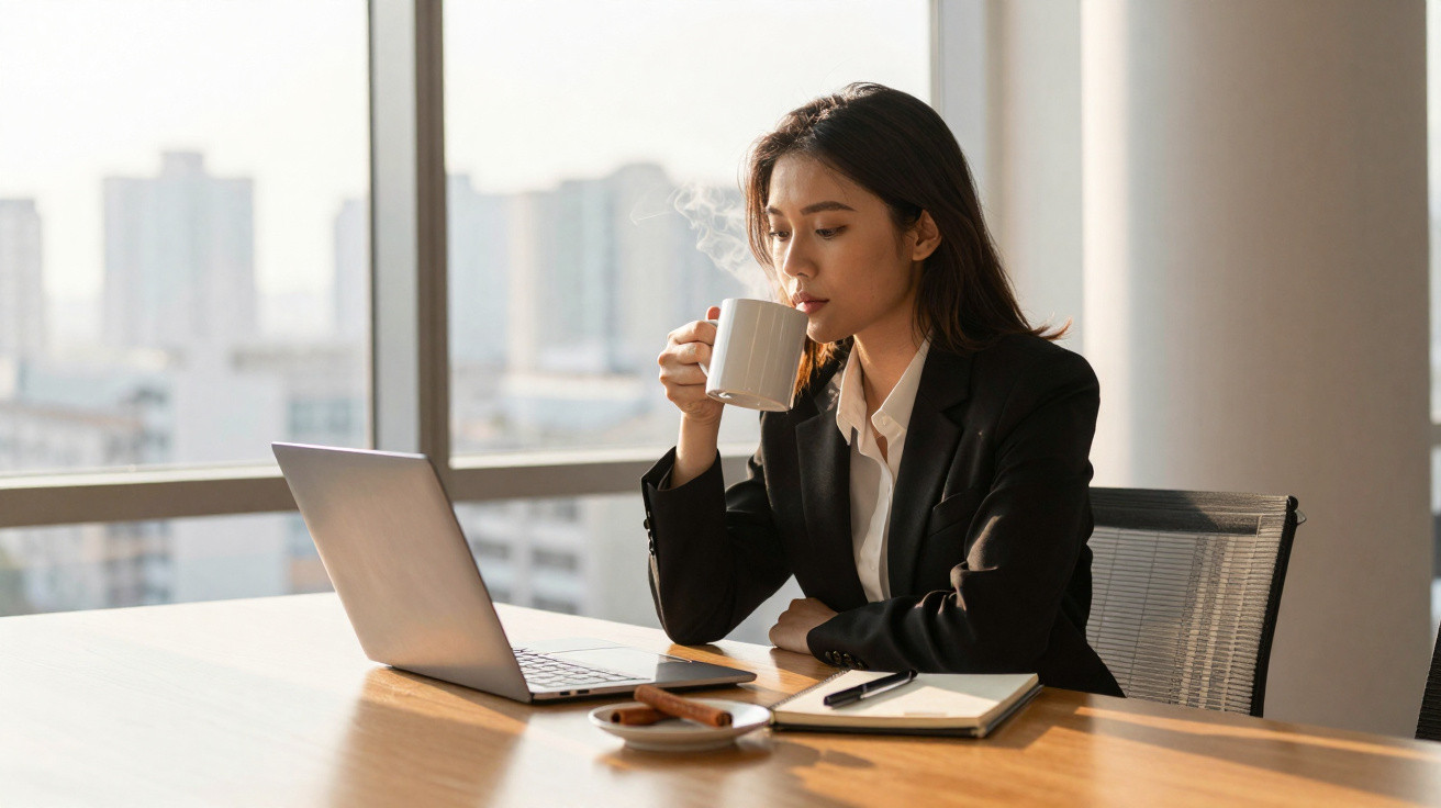 Frau im Businessanzug trinkt Kaffee und arbeitet am Laptop in hellem Büro mit Fensterfront und Stadtblick.
