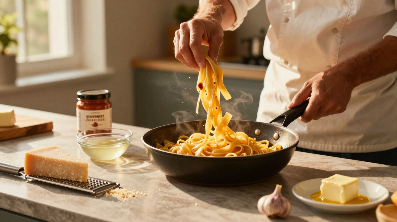 Koch hebt frische Pasta aus Pfanne, umgeben von Parmesan, Knoblauch, Butter und Tomatensauce auf Küchentisch.