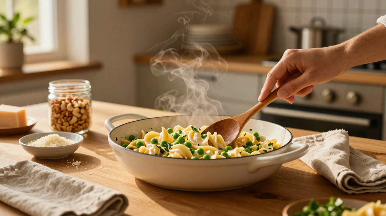 Dampfende Pasta mit Erbsen und Kräutern in einer Schüssel, Hand rührt mit einem Holzlöffel, Küche im Hintergrund.