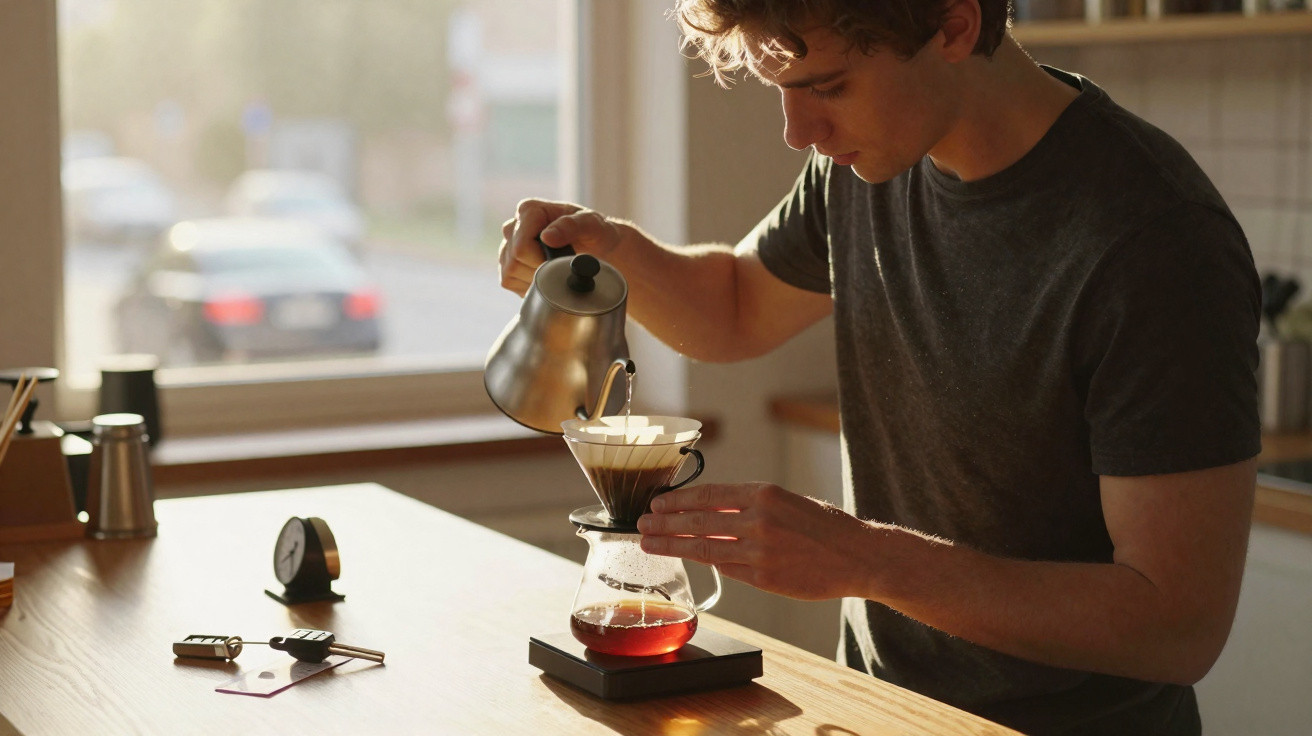 Junger Mann bereitet Filterkaffee in moderner Küche bei Sonnenlicht zu.