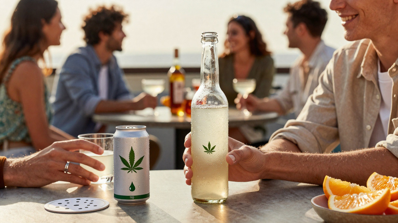 Freunde sitzen im Freien, trinken Getränke mit Hanfblatt-Logo, auf dem Tisch Orangenscheiben und Gläser.