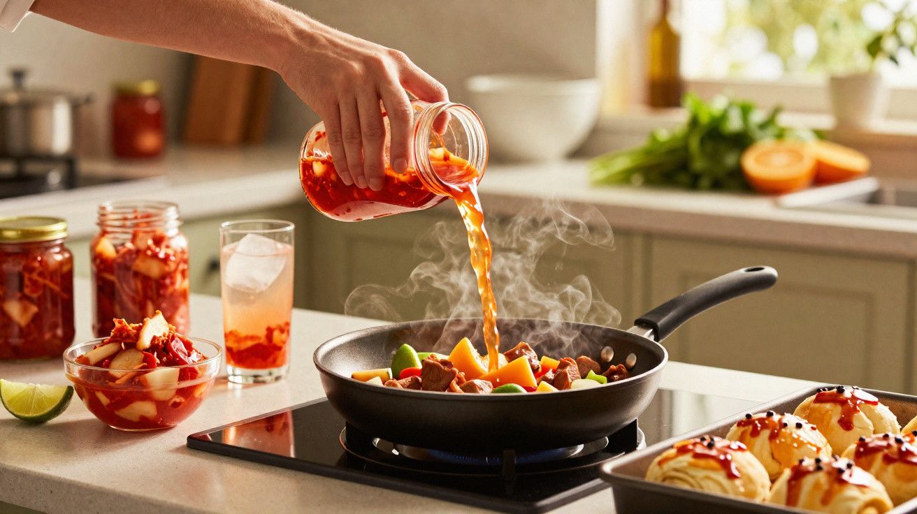 Hand gießt würzige Soße in Pfanne mit Gemüse und Fleisch in moderner Küche mit Gebäck und Limette.