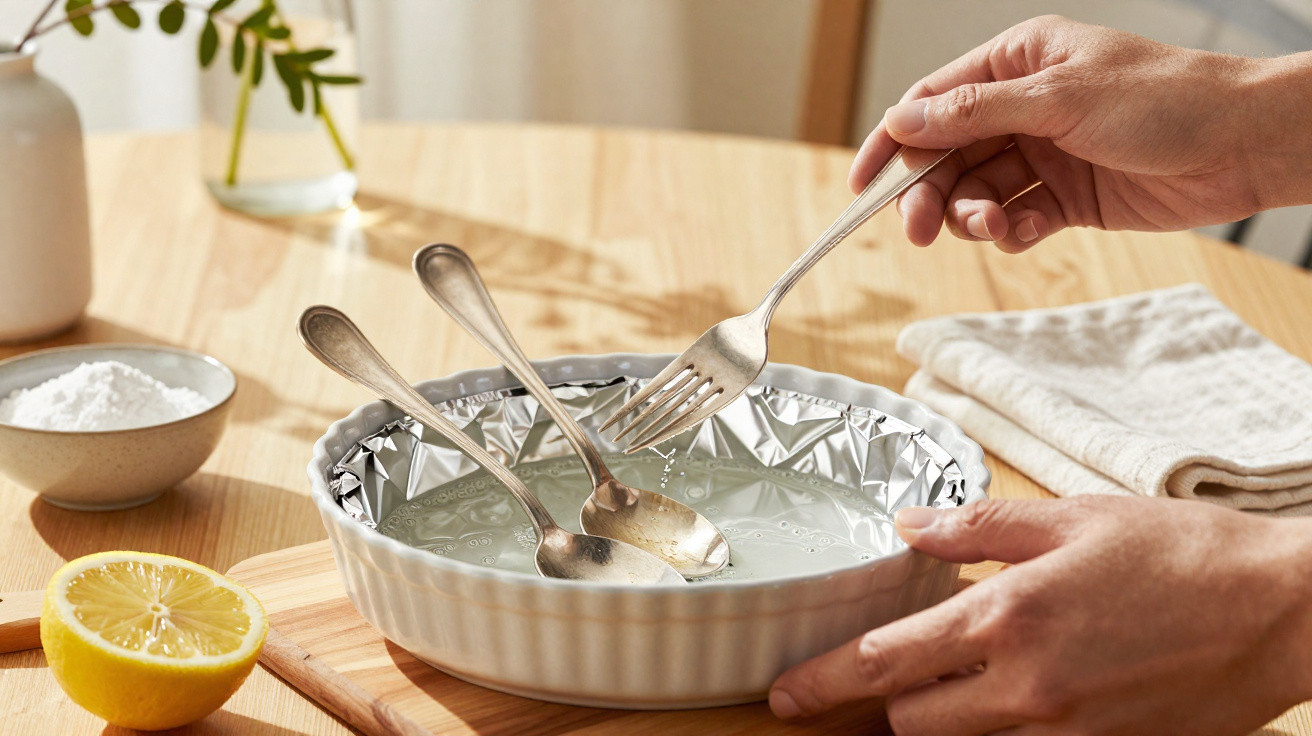 Besteck wird in eine mit Alufolie ausgelegte Schüssel mit Wasser gestellt, daneben Zitrone und Backpulver.