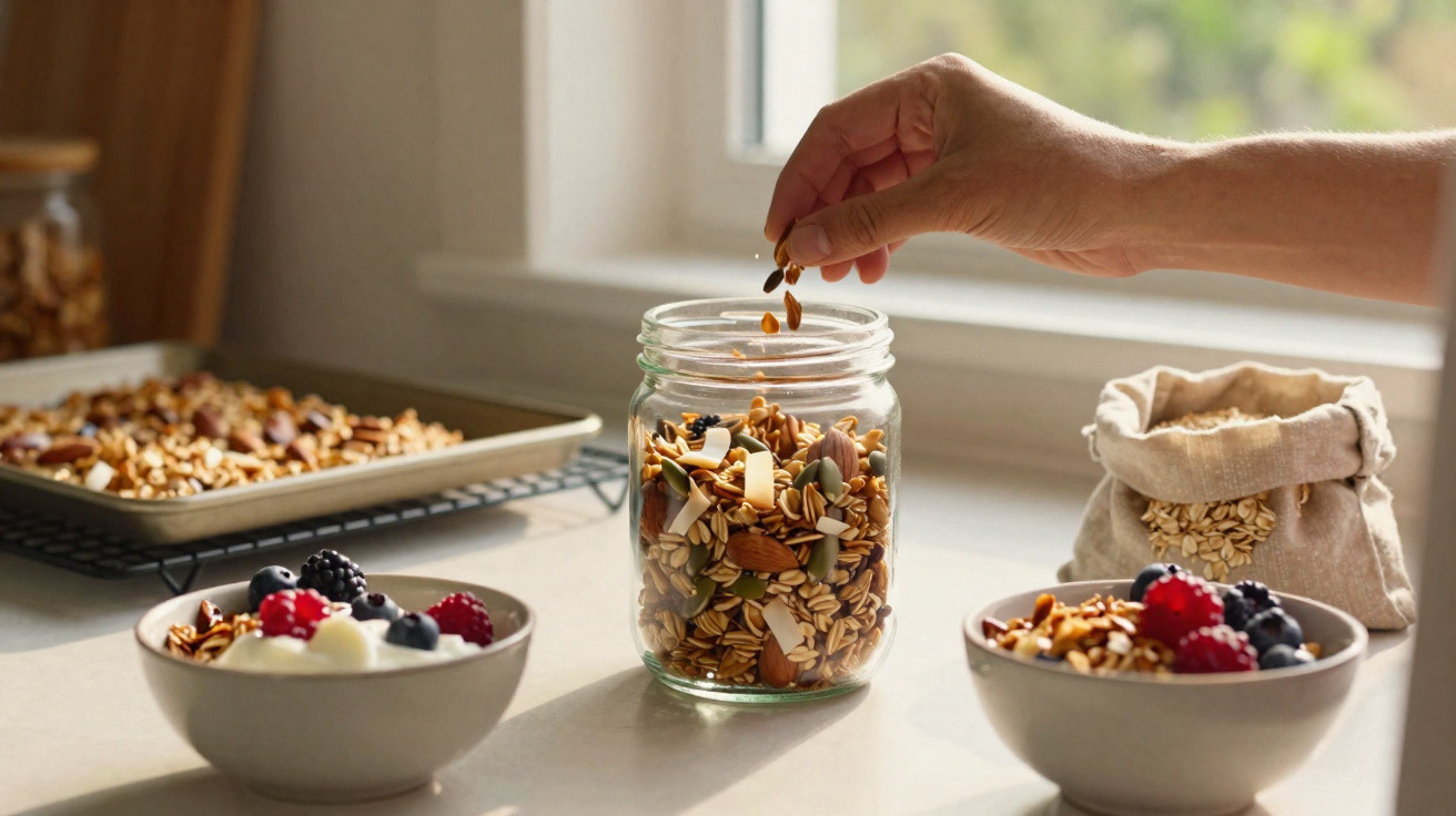 Hand streut Nüsse und Samen in ein Glas mit Müsli, zwei Schalen mit Beeren und Joghurt auf Küchenarbeitsfläche.