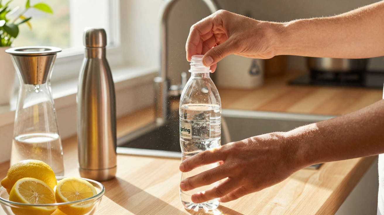 Hände, die eine Wasserflasche in der Küche an der Spüle öffnen, daneben Zitrone und Trinkflasche.