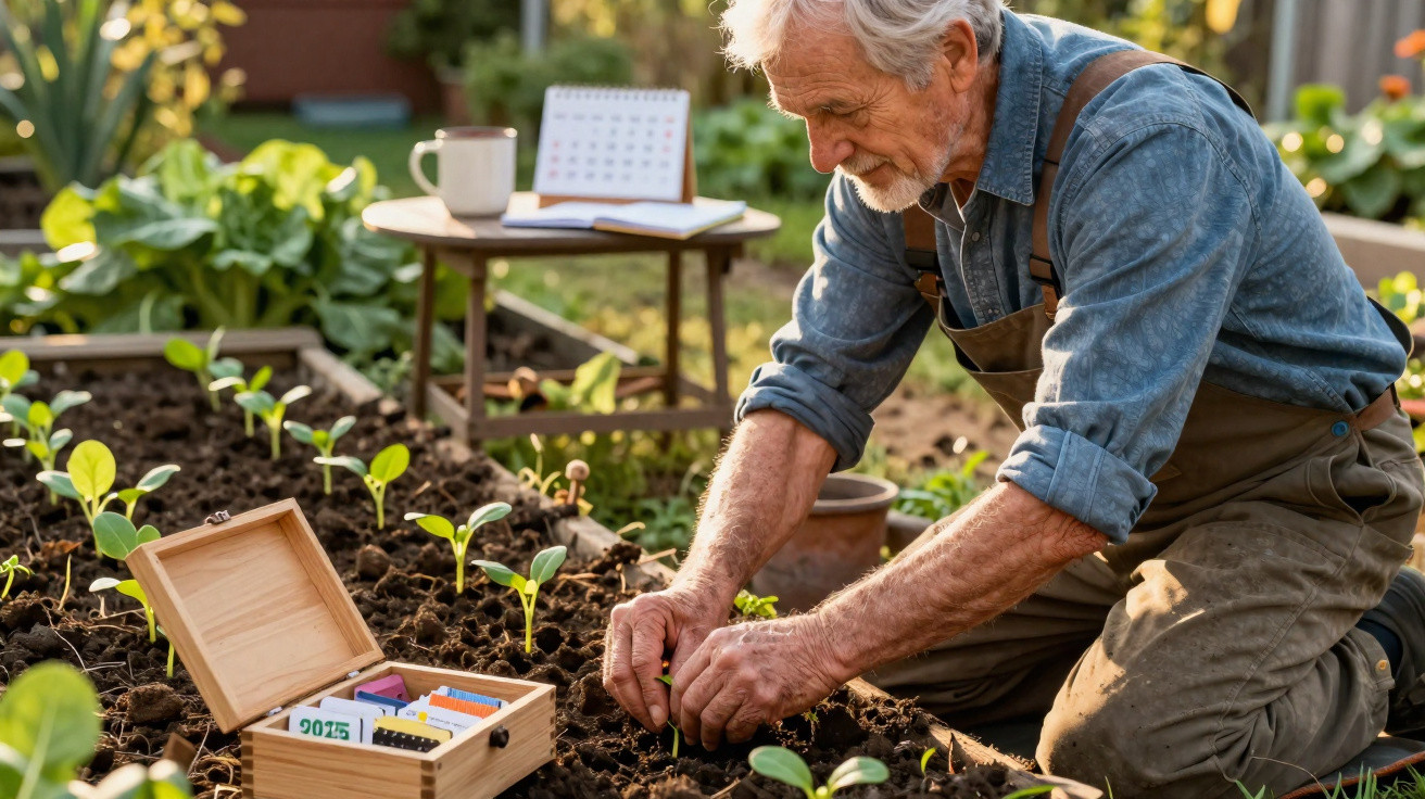 Älterer Mann pflanzt Setzlinge in einem Gartenbeet, umgeben von Gartenwerkzeug und Pflanzen.