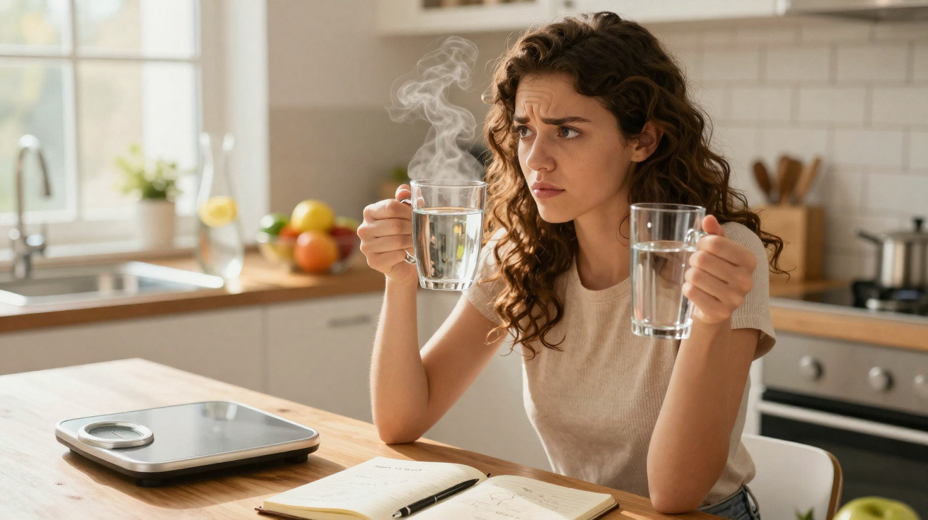 Junge Frau sitzt in der Küche, hält dampfendes und kaltes Wasserglas, schaut skeptisch auf das heiße Wasser.