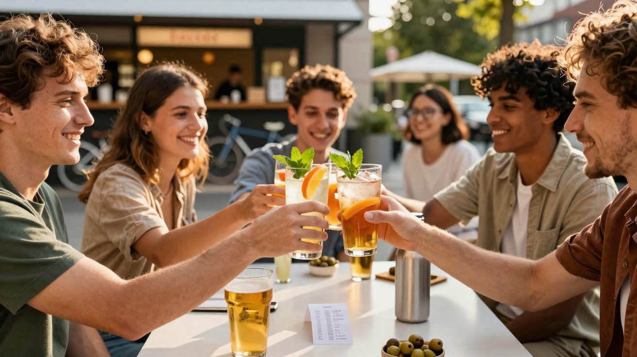 Fünf junge Erwachsene stoßen mit erfrischenden Getränken im Außenbereich eines Cafés an.